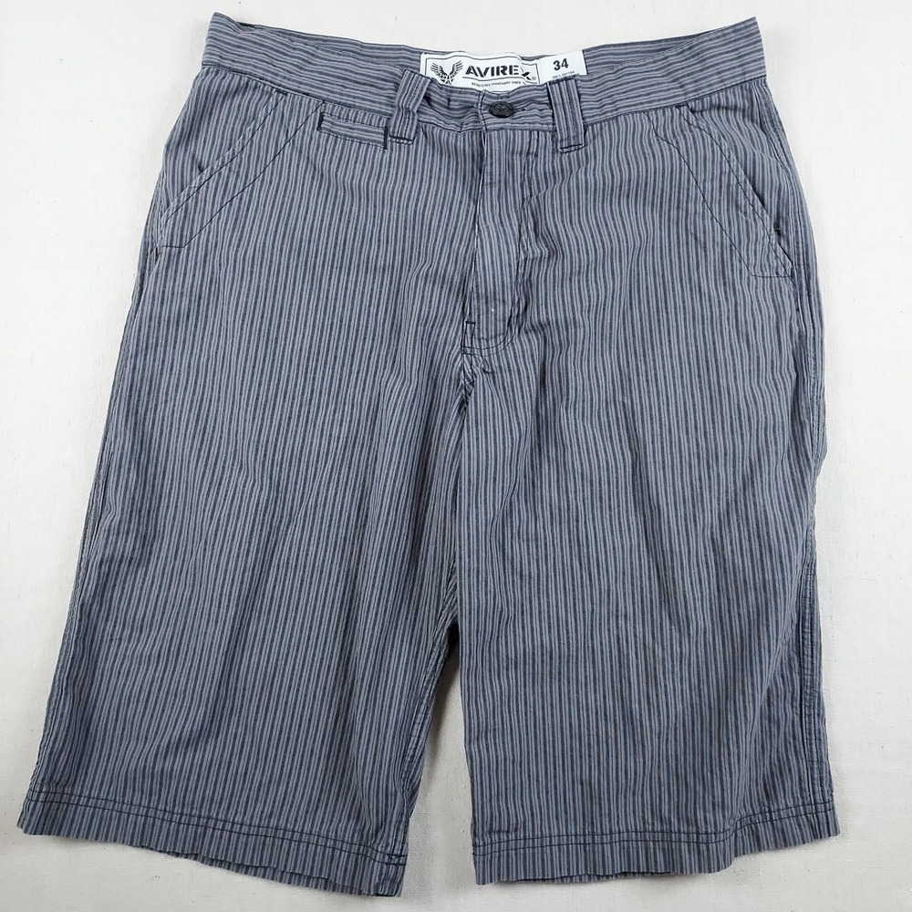 Avirex Mens 34 Gray Striped Cotton Shorts Casual Flat Front Summer